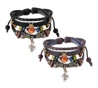 LALAFINA Lot de 2 bracelets en cuir multicouches pour femme - Réglable - Corde tissée - Perles de note de musique - Style vintage bohème - Pour les fêtes et le quotidien