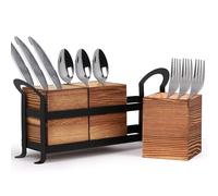 lalago 3 Pièces Range-Couverts en Bois et Métal, Porte-Couverts en Bois pour Table, Panier Cuillères avec Support Métallique, Organiseur Décor de Table pour Cuisine Marron
