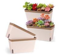 lalago 4 Pièces Pot de Fleurs à Arrosage Automatique, 27cm Plantes en Plastique, Rectangulaire Fleur de Jardin Pots à Bonsaï - avec Fenêtre de Niveau d'eau et Plateau Caché de Trou de Drainage (Brun)