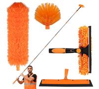 LALAGO Plumeau Telescopique, Kit de Nettoyage Inclus Tige Extensible 1,5-4,5m, Balai Araignée Tete de Loup Telescopique, Raclette Vitre 2 en1, Raclette de Fenêtre avec Grattoir (Set B)