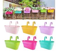 LaLaGreen Lot de 6 pots de fleurs à suspendre en fer coloré pour extérieur, terrasse, balustrade, clôture, support mural, crochets modernes pour fenêtre, porche, jardin, décoration extérieure (28 cm)