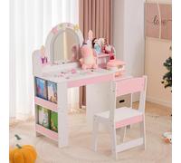 LALAHO 2 en 1 Coiffeuse pour Enfants et Miroir LED, Coiffeuse Fille avec Tabouret，Bibliothèque pour Enfants, Tiroirs en Tissu et Tiroirs en Bois, Crochets à Bijoux，pour Les 4-9 Ans (Blanc & Rose)