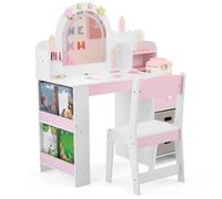 LALAHO 2 en 1 Coiffeuse pour Enfants et Miroir LED, Coiffeuse Fille avec Tabouret，Bibliothèque pour Enfants, Tiroirs en Tissu et Tiroirs en Bois, Crochets à Bijoux，pour Enfant de 3 Ans+ (Blanc & Rose)