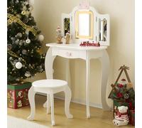 LALAHO Coiffeuse pour Enfants avec Miroir à Trois Volets, Tabouret et Lampe LED Tactile à 3 Couleurs (Blanc)