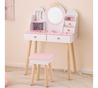 LALAHO Coiffeuse pour Enfants，Coiffeuse Fille avec Tabouret，4 Tiroirs en Bois, Crochets à Bijoux，pour Les 4-9 Ans (Blanc & Rose)