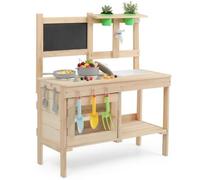 LALAHO Cuisine de jeu d'extérieur avec évier, robinet et pot de fleurs, cuisine pour enfants avec cuisinière et tableau noir, cuisine de jeu pour enfants à partir de 3 ans, couleur bois naturel