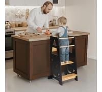 LALAHO Tour d'Observation Montessori dès 18 Mois avec Réglage de Hauteur | Sécurité Anti-Bascule & Design en Bois Robuste pour Cuisine, Salle de Bain et Espace Enfant(Noir+Nature)