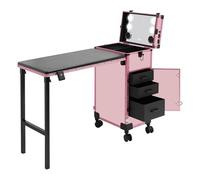 lalaleny Chariot cosmétique avec table à roulettes - Table de manucure avec miroir LED 2 en 1 - Table à ongles pliable avec 3 tiroirs - Mallette de voyage pour artistes des ongles et cosmétologues