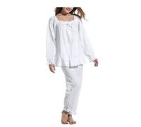 Lalander 2 Pièces Chemise de Nuit en Coton Blanche Femme Pyjama Manches Longs
