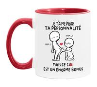 Lalasol Mug Bicolore Rouge/Blanc Personnalisé Humour - Idée Cadeau Drôle Rigolo Fun - Tasse Message Je T'aime Pour Ta Personnalité Mais Ce Cul Est Un Enorme Bonus - Imprimé en France