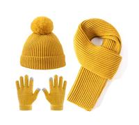 Lallier Ensemble de 3 bonnets, écharpe et gants de neige pour enfants, bonnet d'hiver en tricot chaud et doux à pompons pour garçons, filles et tout-petits, Jaune