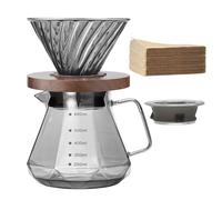 Lalord Cafetière à verser, carafe en verre borosilicate de 591 ml avec filtre en papier V60 80 feuilles, poignée en noyer et couvercle de cafetière, cafetière goutte à goutte pour maison, café,