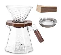 Lalord Cafetière à verser en verre borosilicate de 600 ml avec 100 filtres en papier V02, col en noyer et couvercle en verre, cafetière goutte à goutte, 1 à 3 tasses, transparent (B-600 ml)