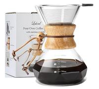 Lalord Verser Over Cafetière avec Filtre en Acier Inoxydable Réutilisable, 600 ml Carafe à Café en Verre Borosilicaté, Collier en Bois, Cafetière Manuelle, Peut Contenir 3 Tasses