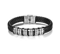 Lam Hub Fong Bracelet Personnalisés Hommes avec Gravure 1-6 Nom Bracelet Cuir Tressé Perles Argent Ami Père Fils Bijoux Cadeau pour Fête des Pères Anniversaires Noël (Argenté 6 Nom)