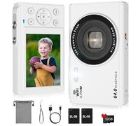 LAMA Appareil photo numérique 4K 64 MP Mini appareil photo numérique autofocus compact 2,8" LCD 16X Zoom Flash Appareil photo numérique avec carte 32 G, 2 batteries, appareil photo pour enfants, Blanc