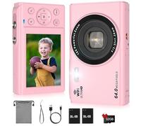 LAMA Appareil Photo numérique 4K 64 MP Mini Appareil Photo numérique autofocus Compact 2,8" LCD 16X Zoom Flash Appareil Photo numérique avec Carte 32 G, 2 Batteries, Appareil Photo pour Enfants, Rosa