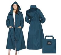 LAMA imperméable long à manches longues avec capuche pour femme - Imperméable, réutilisable, pliable - pour le cyclisme, la moto, l’équitation, la randonnée et le trekking, Bleu-vert, Large-X-Large