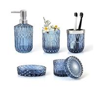 LaMarriti Lot de 5 Accessoires de Salle de Bain en Verre Bleu - Distributeur de Lotion, Porte-Savon, gobelet, Pots de Cotons-tiges, Porte-Brosse à Dents - Décoration de Salle de Bain Moderne et