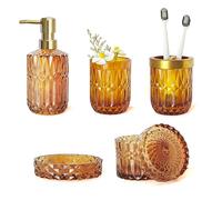 LaMarriti Qtips Lot de 5 accessoires de salle de bain en verre transparent avec distributeur de savon pour les mains, porte-savon, support de brosse à dents pour décoration de bain vintage en cristal