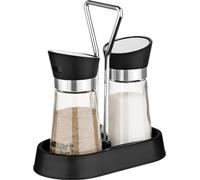 LAMART LT7020 Set pratique de salière et poivrière de table, verre, plastique, acier inoxydable, volume : 95 ml, diamètre de la salière : 5,6 cm et hauteur : 11,5cm ; taille du support : 15x8x16cm