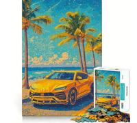 Lamborghini Urus Jaune sur la Plage Puzzle de 1000 pièces Jeu de mémoire Amusant Surface Lisse sans bavures Défi divertissant pour Les Loisirs (50x75cm)