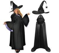 LAMEK 2 Pcs Kit de la Sorcière Noire Costume de Mascarade d'halloween pour Adultes Wizard Cape Witch Long Crossdressing Cape Vampire Cape Capuche Costume de Cosplay pour Halloween,Carnaval,Maquillage