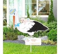 LAMEK Cigogne de naissance pour l'extérieur - Cigogne à sonnette pour naissance - Plaque bleue - Cigogne de naissance avec bâton en bois - Carte de vœux - Cadeau de naissance pour garçon