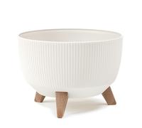 LAMELA Pot de Fleurs Rond sur Pieds - Plastique Rayé - Ø 33 cm x H 18,5 cm, 12,4 L - Résistant et Facile d'entretien - Intérieur et Extérieur - Crème