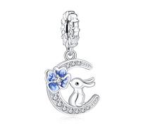 LaMenars Lapin blanc observant les fleurs de la lune Charm for 925 Bracelet et collier femme en argent sterling Noël pendentif Saint Valentin fête des mères cadeau pour fille