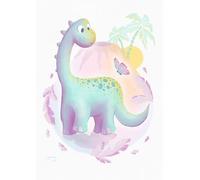 Lámina infantil ilustracion dinosaurio con palmeras verdes