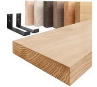 LAMO Manufaktur Étagère murale avec supports en J noirs | Étagère 160 cm largeur pour salle de bain, couloir, cuisine style industriel | Couleur: naturel, Bord: droit | Qualité artisanale, bois massif