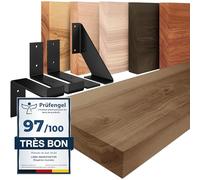 LAMO Manufaktur Étagère murale avec supports en J noirs | Etagere 50 cm largeur pour salle de bain, couloir, cuisine style industriel | Couleur: noisette, Bord: droit | Qualité artisanale, bois massif