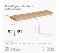 LAMO Manufaktur étagère Murale en Bois Massif, Bord régulier, étagère de Rangement Industrial, Bois Blanche/équerre Blanche 60cm, LWG-01-A-007-60JW