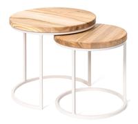 LAMO Manufaktur Table basse gigogne en bois rond - lot de 2 pièces - Table d'appoint bout de canapé Couleur: naturel, pieds : ivoire