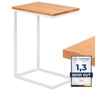 LAMO Manufaktur Table d'appoint | Table pour Ordinateur Portable | Table de canapé | Table Basse Mobile | Table de Chevet | 50x35x67cm | Cadre Blanc | Plateau 100% Bois Massif Couleur: Naturel
