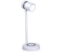 GRUNDIG Lampe de bureau LED 3 en 1 - Technologie Qi - Chargeur de téléphone portable sans fil - Haut-parleur Bluetooth - 4 pieds - Blanc
