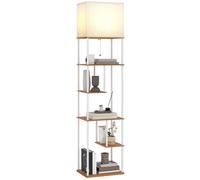 HOMCOM Lampadaire avec étagères LED Dimmable 3000K-6500K Bois Naturel | Lampadaire sur Pied de Salon, Variateur d'Intensité, Télécommande, Interrupteur à Tirette