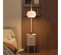 Lampadaire avec Table Intégrée, Lampadaire Moderne en Bois Crème À 3 Niveaux avec Table, Étagère De Rangement sur Pied avec 2 Tiroirs pour Salon, Chambre À Coucher, Bureau