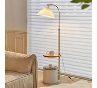 Lampadaire avec Table intégrée, Lampe d'appoint en Bois à 3 Niveaux avec Seau de Rangement, tête de Lampe réglable, pour Salon, Chambre à Coucher, Bureau(White)