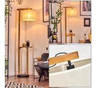 Lampadaire Bassagoda, en bois/métal/tissu en naturel/noir/beige/blanc, lampe au design scandinave, Ø 50 cm, surface de rangement et interrupteur au pied, hauteur 171,5 cm, 1 x E27, sans ampoule