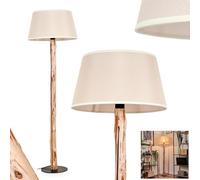 Lampadaire Bassagoda, lampadaire moderne en bois/métal/tissu naturel/noir/beige, luminaire design scandinave avec abat-jour rond (Ø 45,5cm) et interrupteur à pied, hauteur 145cm, E27, sans ampoules