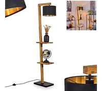 Lampadaire Baval, lampadaire en métal/bois/tissu noir/naturel/doré, avec abat-jour réglable, interrupteur à pied, tablettes, hauteur 164 cm, 1x E27, ampoule(s) non incluse(s)
