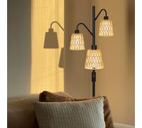 Lampadaire Boho Luminosité Lampadaire à intensité variable Salon Noir Vintage Lampadaire à 3 flammes avec abat-jour en rotin pour chambre à coucher Bureau, H : 1,75M