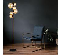 Lampadaire salon laiton Lampadaire industriel boule ambre LED liseuse lampadaire, métal verre, 6x LED 3.5W 350Lm blanc chaud, H 155 cm