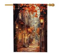 Lampadaire de ville d'automne - 71,1 x 101,6 cm - Double face pour l'extérieur, toile verticale en érable urbain d'automne - Drapeau de maison, paysage de bâtiment avant et cour arrière