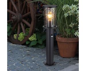 Lampadaire, éclairage de chemin, lampe de jardin, lampe d'extérieur, métal, noir, verre, fumée, détecteur de mouvement, acier inoxydable, 1x E27, H 60 cm