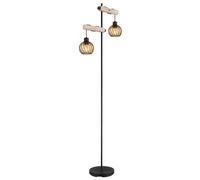 Lampadaire en bois 2 flammes Lampe de salon debout Réglable en hauteur Lampadaire verre ambre, noir métal, douilles E27, LxlxH 48x25x168 cm