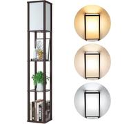 Lampadaire en Bois, Marron Lampadaire avec Étagère, Moderne Plateau en Bois Clair avec 3 Températures de couleur E27 Ampoule, Rétro Décoration Éclairage Lumière pour Salon Bureau Café Hôtel Chambre