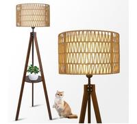 Lampadaire En Bois Pour Le Salon, Lampadaire En Rotin Avec Étagère Et Trépied, Lampadaire Boho Avec Abat-Jour En Rotin & Lin, Lampa
